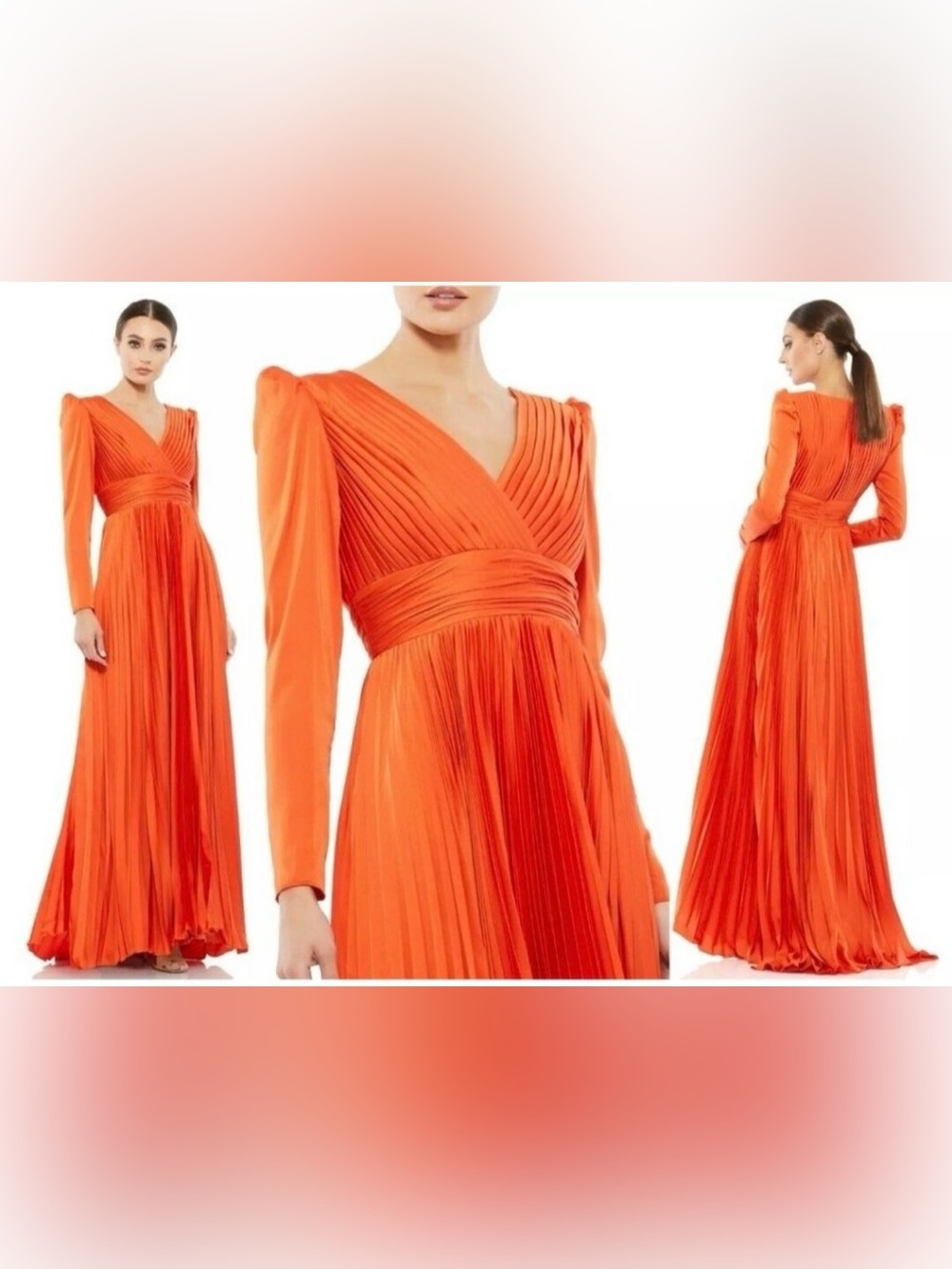 IEENA for Mac Duggal Pleated Long Sleeve V-Neck Gown Orange Size 14